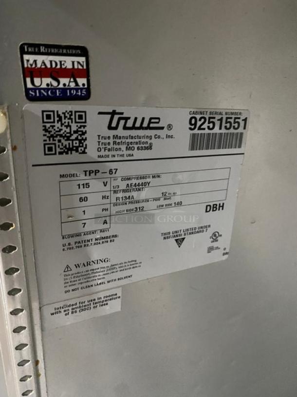 True Commercial Stainless Steel 2 Door Refrigerated Mega Top Pizza Prep Table! Model: TPP-67 SN: 9251551! 115V 1 Phase! On Casters! - Image 7 of 9