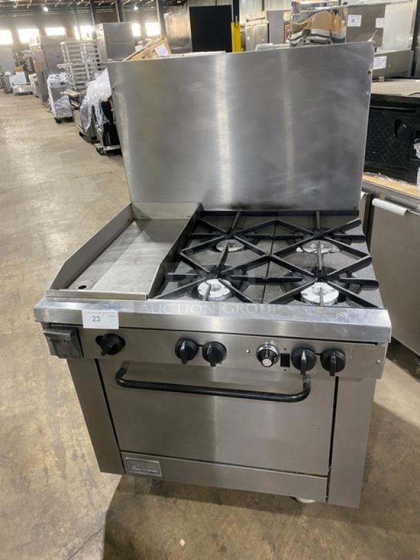 Southbend Commercial Stainless Steel Natural Gas Powered 4 Burner Range/Flat Griddle Split Top & Oven Combo! With Back Splash! With Wire Oven Rack! Model: X336D-1GL SN: 04C65469! On Casters! Working When Removed! - Image 1 of 10