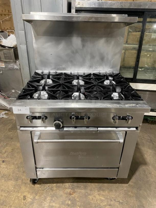SunFire Commercial Stainless Steel Natural Gas Powered 6 Burner Range! With Full Size Oven Underneath! With Back Splash & Overhead Salamander Shelf! With Wire Oven Rack! On Casters! - Image 1 of 9