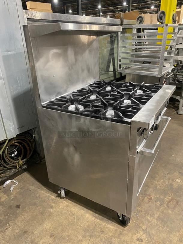 SunFire Commercial Stainless Steel Natural Gas Powered 6 Burner Range! With Full Size Oven Underneath! With Back Splash & Overhead Salamander Shelf! With Wire Oven Rack! On Casters! - Image 2 of 9