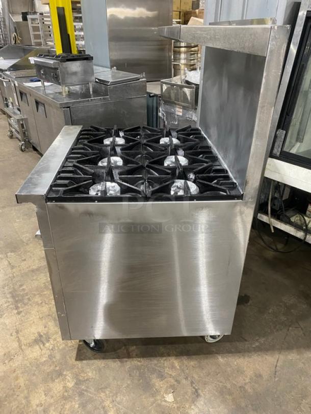 SunFire Commercial Stainless Steel Natural Gas Powered 6 Burner Range! With Full Size Oven Underneath! With Back Splash & Overhead Salamander Shelf! With Wire Oven Rack! On Casters! - Image 3 of 9