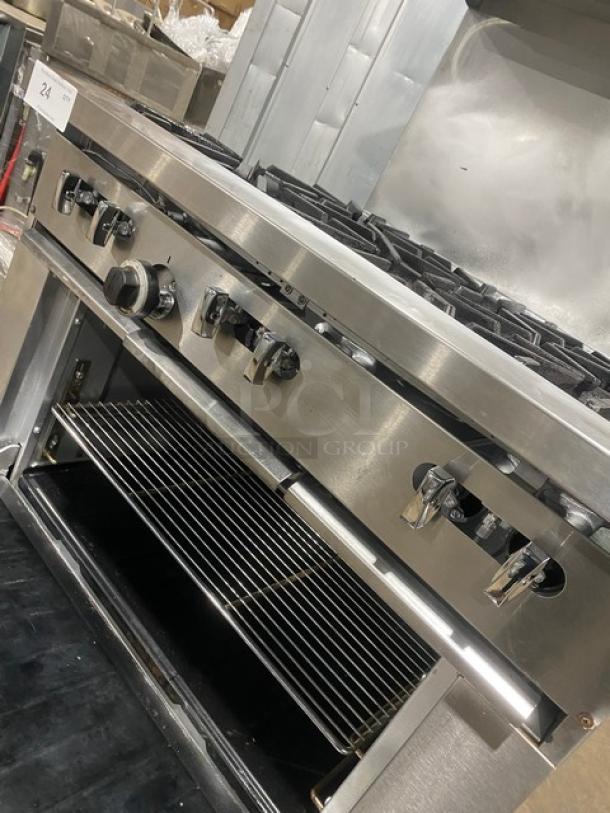 SunFire Commercial Stainless Steel Natural Gas Powered 6 Burner Range! With Full Size Oven Underneath! With Back Splash & Overhead Salamander Shelf! With Wire Oven Rack! On Casters! - Image 8 of 9