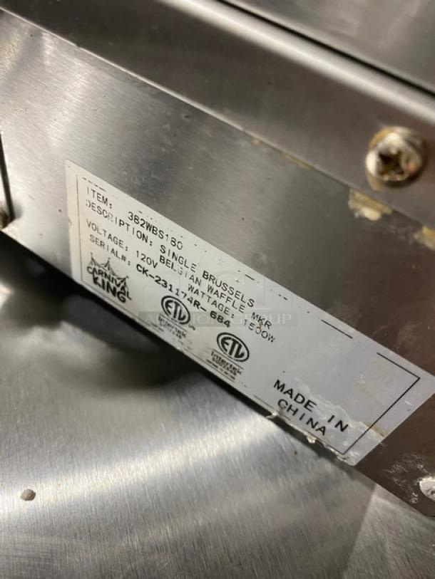 Carnival King Commercial Stainless Steel Countertop Single Brussels Style Belgian Waffle Maker! Model: 382WBS180 SN: CK-231174R-684! 120V! On Legs! - Image 5 of 8