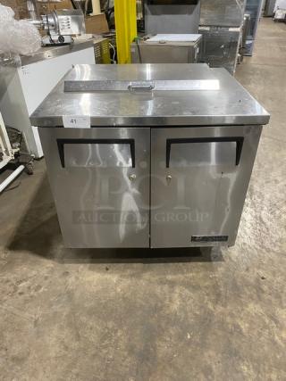 True Commercial Stainless Steel Refrigerated 2 Door Mega Top Salad/Sandwich Prep Table! With Poly Coated Wire Racks! Model: TSSU-36-08 SN: 8815688! 115V 1 Phase! On Casters! - Item #1155339