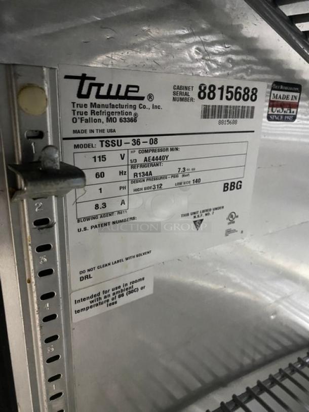 True Commercial Stainless Steel Refrigerated 2 Door Mega Top Salad/Sandwich Prep Table! With Poly Coated Wire Racks! Model: TSSU-36-08 SN: 8815688! 115V 1 Phase! On Casters! - Image 7 of 9