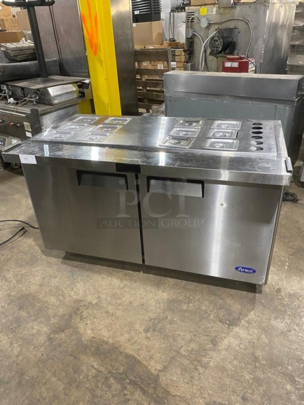 Atosa! Late Model 2021! Commercial Stainless Steel Refrigerated 2 Door Mega Top Salad/Sandwich Prep Table! With Hotel Pan Lids! With Poly Coated Wire Racks! Model: MSF8307GR SN: MSF8307GRAUS1T0321113000C40037! 115V 1 Phase! On Casters! Working When Removed! Still Under Warranty! - Image 1 of 11