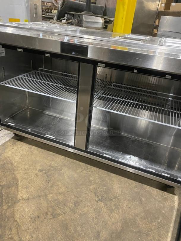 Atosa! Late Model 2021! Commercial Stainless Steel Refrigerated 2 Door Mega Top Salad/Sandwich Prep Table! With Hotel Pan Lids! With Poly Coated Wire Racks! Model: MSF8307GR SN: MSF8307GRAUS1T0321113000C40037! 115V 1 Phase! On Casters! Working When Removed! Still Under Warranty! - Image 7 of 11