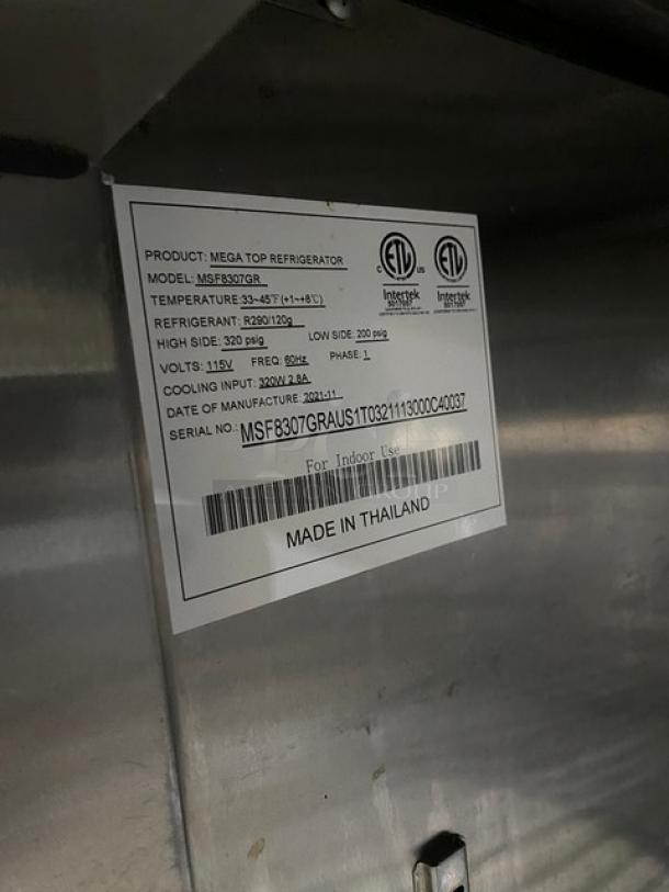 Atosa! Late Model 2021! Commercial Stainless Steel Refrigerated 2 Door Mega Top Salad/Sandwich Prep Table! With Hotel Pan Lids! With Poly Coated Wire Racks! Model: MSF8307GR SN: MSF8307GRAUS1T0321113000C40037! 115V 1 Phase! On Casters! Working When Removed! Still Under Warranty! - Image 10 of 11