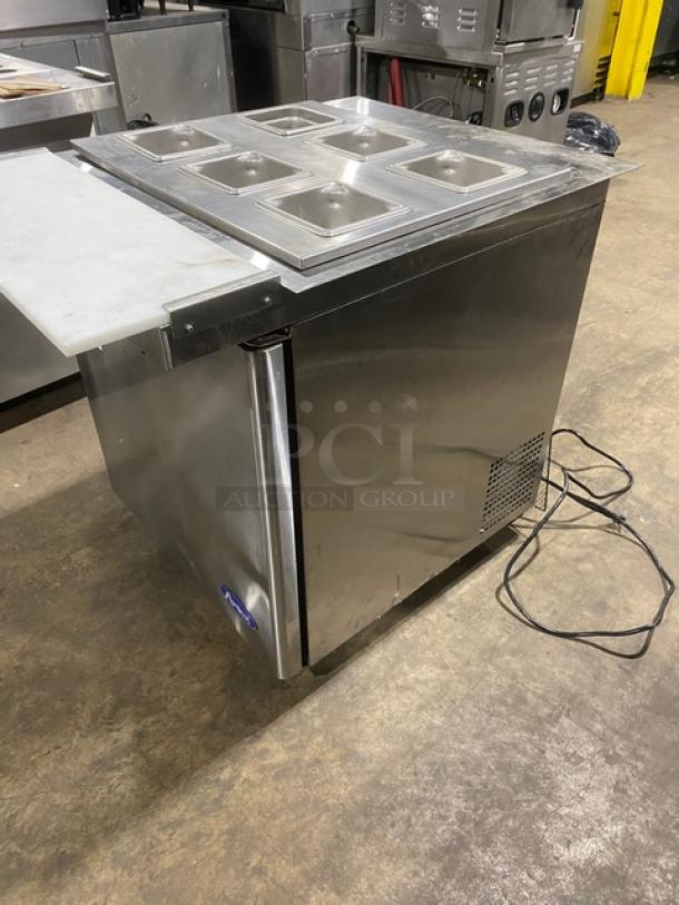 Atosa! Late Model 2022! Commercial Stainless Steel Refrigerated 1 Door Mega Top Salad/Sandwich Prep Table! With Removable Cutting Board! With Hotel Pans! With Poly Coated Wire Rack! Model: MSF8305GR SN: MSF8305GRAUS1T0322031100C4002! 115V 1 Phase! Working When Removed! Still Under Warranty! - Image 3 of 11