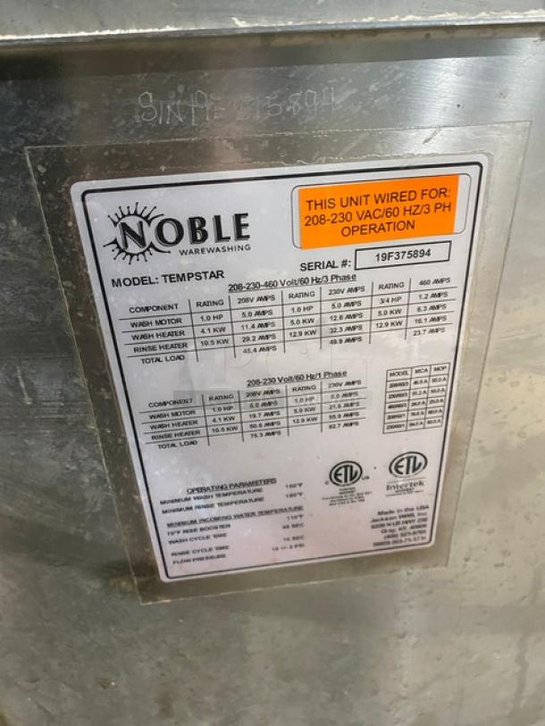 Noble Warewashing Series Commercial Stainless Steel High Temperature Door Type Dishwasher! Model: TEMPSTAR SN: 19F375894! 208-230V 3 Phase! On Legs! - Image 7 of 10