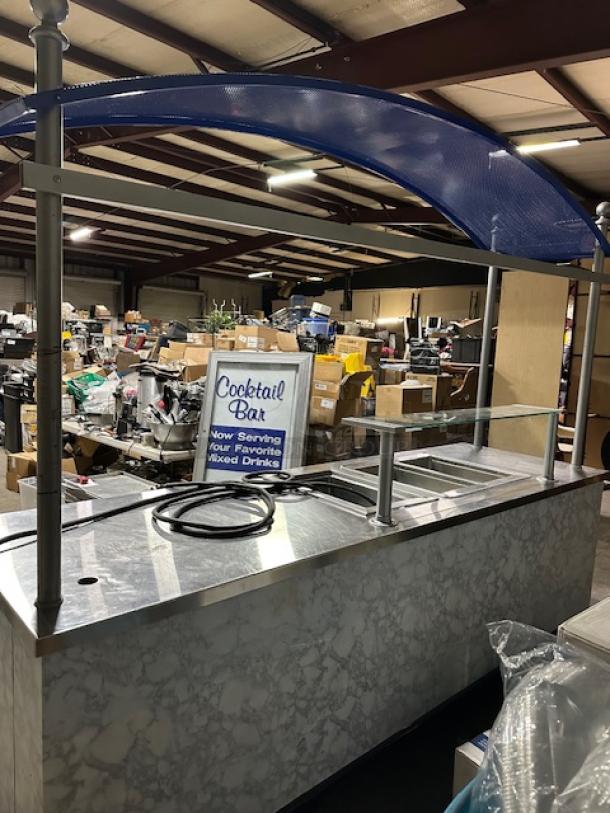 One Kiosk With A Pull Out Hand Sink, 2 Door Under Storage, Glass Serving/Over Shelf, 2 Hot Wells, 1 Cold Well, Cash Drawer, And A Canopy On Casters. 116X36X94 - Image 2 of 5