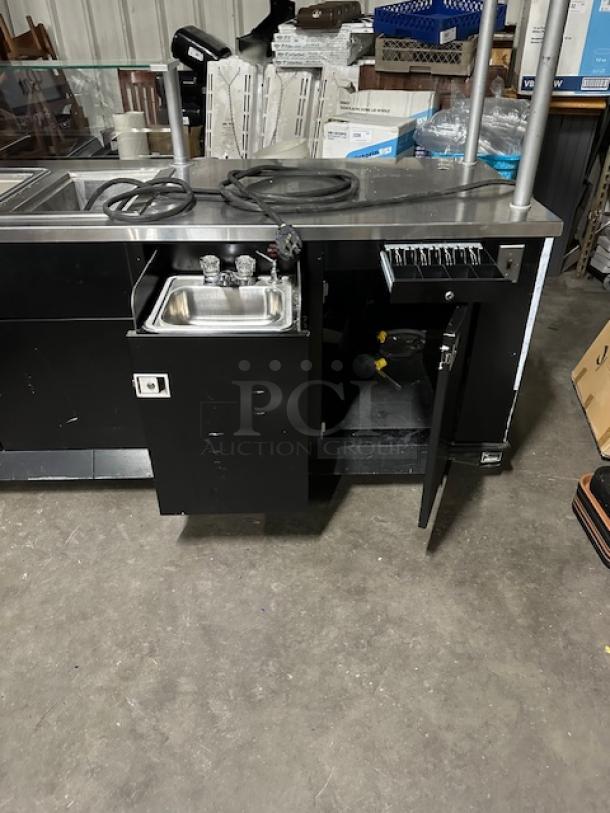 One Kiosk With A Pull Out Hand Sink, 2 Door Under Storage, Glass Serving/Over Shelf, 2 Hot Wells, 1 Cold Well, Cash Drawer, And A Canopy On Casters. 116X36X94 - Image 3 of 5