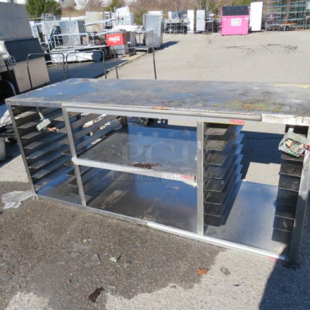 One Stainless Steel Wall Mount Work Table WIth 4 Ticket Rails, Under Racks, And 3 Hatco Glo Ray Food Warmers. 81X31X35 - Image 1 of 1