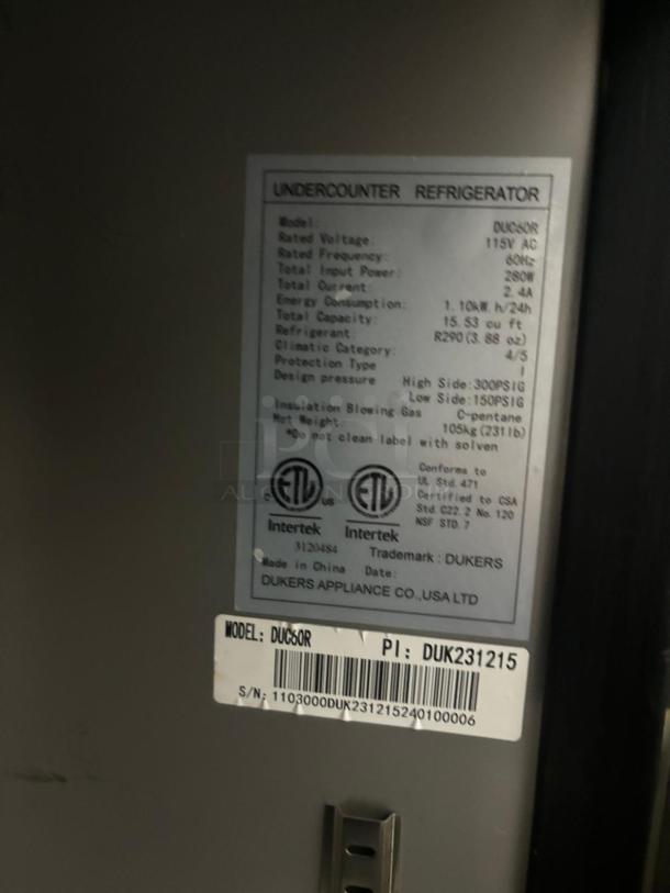 AWESOME! Dukers Undercounter 2 DOOR REFRIGERATOR in Stainless Steel DUC60R - Image 5 of 5