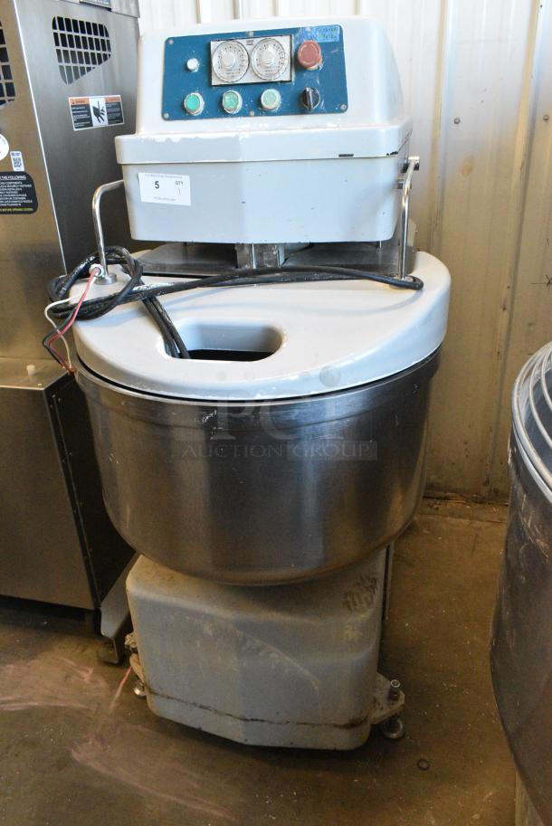 FM80 Metal Commercial Floor Style Spiral Dough Mixer w/ Stainless Steel 80 Quart Mixing Bowl, Bowl Guard and Dough Hook Attachment on Commercial Casters. 220 Volts, 3 Phase. - Image 1 of 8