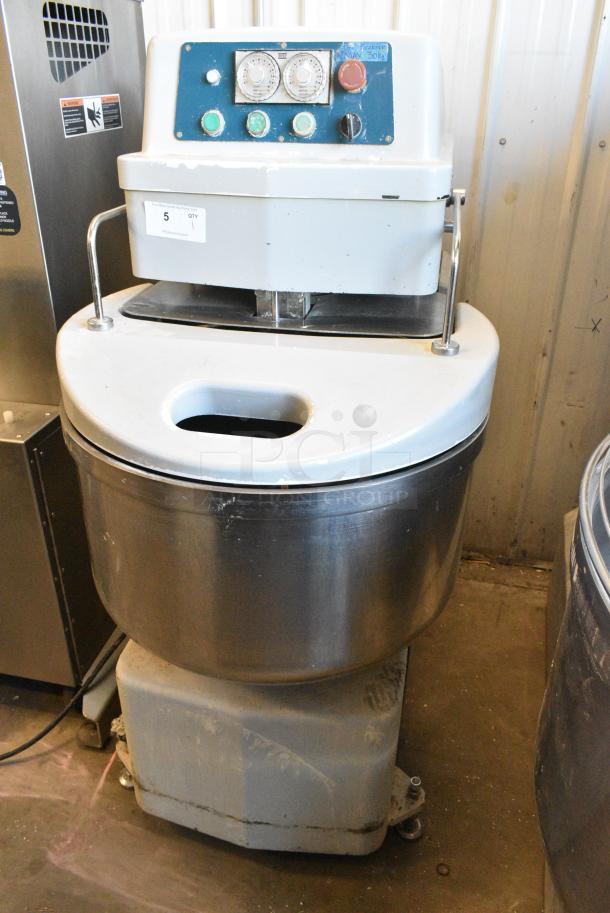 FM80 Metal Commercial Floor Style Spiral Dough Mixer w/ Stainless Steel 80 Quart Mixing Bowl, Bowl Guard and Dough Hook Attachment on Commercial Casters. 220 Volts, 3 Phase. - Image 3 of 8