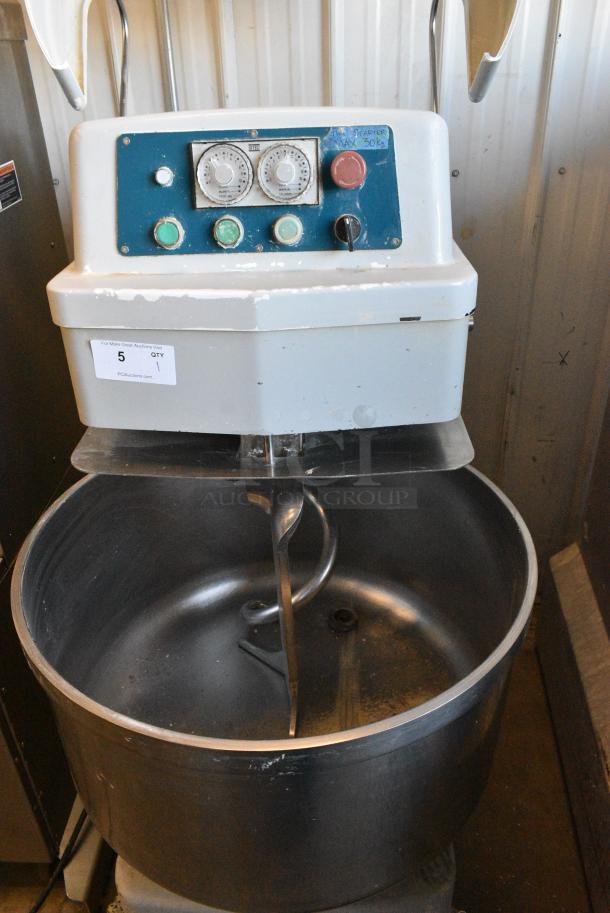 FM80 Metal Commercial Floor Style Spiral Dough Mixer w/ Stainless Steel 80 Quart Mixing Bowl, Bowl Guard and Dough Hook Attachment on Commercial Casters. 220 Volts, 3 Phase. - Image 5 of 8