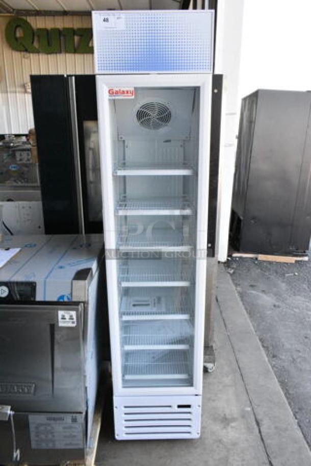 BRAND NEW SCRATCH AND DENT! Galaxy 177GDN5RBW Metal Commercial Single Door Reach In Cooler Merchandiser w/ Poly Coated Racks and Red, White, and Blue LED Lighting. 110-120 Volts, 1 Phase. Tested and Working! - Image 1 of 3