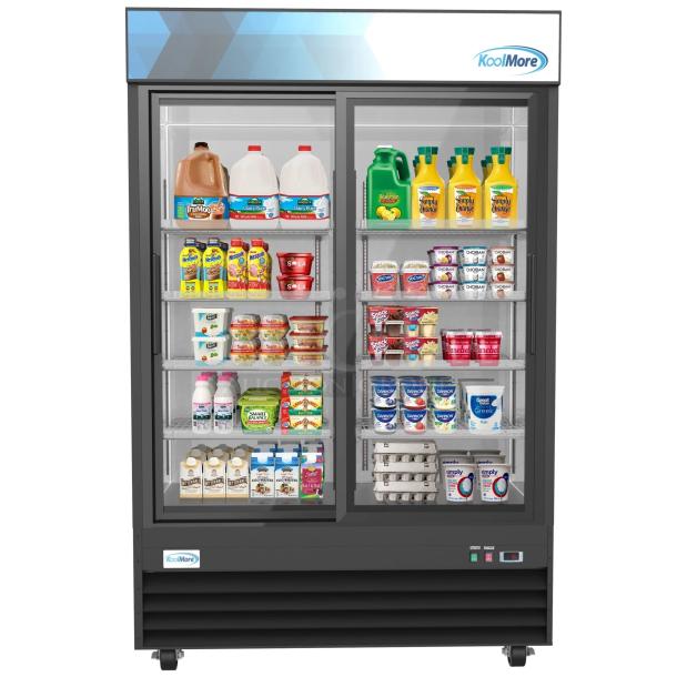 BRAND NEW SCRATCH AND DENT! 2024 KoolMore MDR-2D-GSLD Metal Commercial 53 in. Two-Door Merchandiser Refrigerator - 45 Cu Ft w/ Poly Coated Racks. 115 Volts, 1 Phase. Tested and Working! - Image 1 of 6