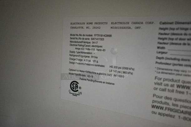 2017 Frigidaire FFTR1814QW9B Metal Cooler w/ Freezer. 115 Volts, 1 Phase. Cannot Test Due To Cut Power Cord - Image 7 of 7