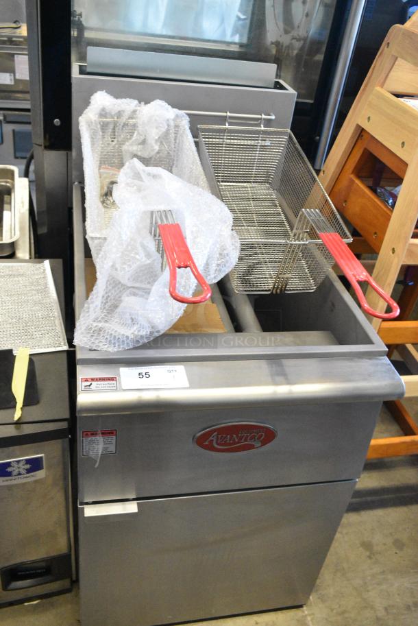 BRAND NEW SCRATCH AND DENT! 2024 Avantco 177FF100N Stainless Steel Commercial Floor Style Natural Gas Powered 100 Pound Capacity Deep Fat Fryer w/ 2 Metal Fry Baskets. 150,000 BTU. - Image 1 of 6