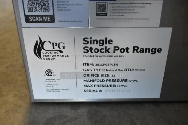 BRAND NEW SCRATCH AND DENT! Cooking Performance Group CPG 351CPGSP18N Stainless Steel Commercial Natural Gas Powered Single Burner Stock Pot Range. 80,000 BTU. - Image 6 of 6