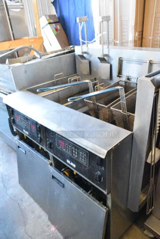 Giles EOF-10-10 Stainless Steel Commercial Floor Style Electric Powered 2 Bay Deep Fat Fryer on Commercial Casters. 480 Volts, 3 Phase.