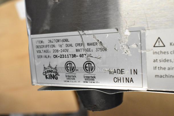 BRAND NEW SCRATCH AND DENT! 2023 Carnival King 382TCM16DBL Stainless Steel 16" Dual Non-Stick Crepe Maker - 208/240 Volts. - Image 2 of 6