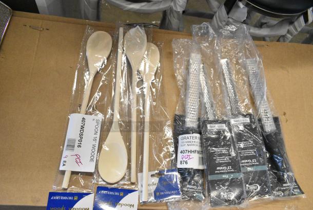 8 BRAND NEW SCRATCH AND DENT! Items Including 2 407WDSP016 Thunder Group 16" Wooden Spoon, 4 407HHFINEGTR Choice 13" Stainless Steel Fine Handheld Grater with Non-Slip Black Handle. 8 Times Your Bid! - Image 1 of 7