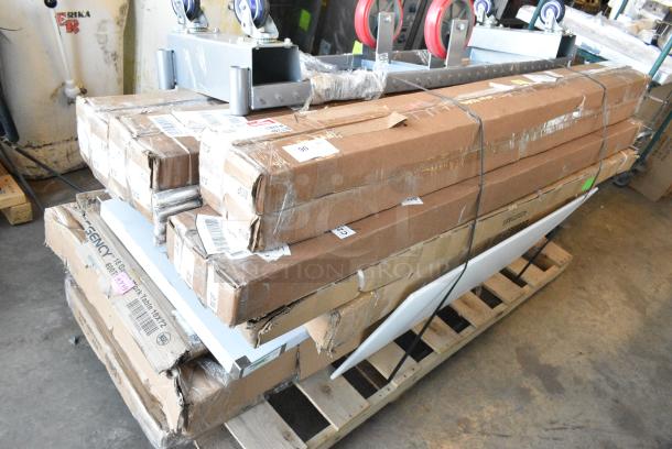 22 BRAND NEW SCRATCH AND DENT! Items Including 15 MX74P Metro MX74P MetroMax iQ 74" Stationary Polymer Post, 423ST5ASG ServIt 423ST5ASG Angled Sneeze Guard for 5-Pan Steam Tables, 522ETSG30602 Steelton 30" x 60" 18 Gauge 430 Stainless Steel Work Table with Undershelf and 2" Rear Upturn, 460EC2472 Regency 24" x 72" NSF Chrome Wire Shelf, 465C1872KE5 SHELF KIT 18X72 CHROME W/ 72 EC POST 5 SHELF UTILITY, 257UB1660 Lavex 16" x 60" Heavy-Duty Steel U-Boat Utility Cart - 2000 lb. Capacity, 600T1872G Regency 18" x 72" 18-Gauge 304 Stainless Steel Commercial Work Table with Galvanized Legs and Undershelf, 109RACKECON Steelton 20 Pan End Load Bun / Sheet Pan Rack - Unassembled. May Be Missing Pieces. 22 Times Your Bid! - Image 1 of 14