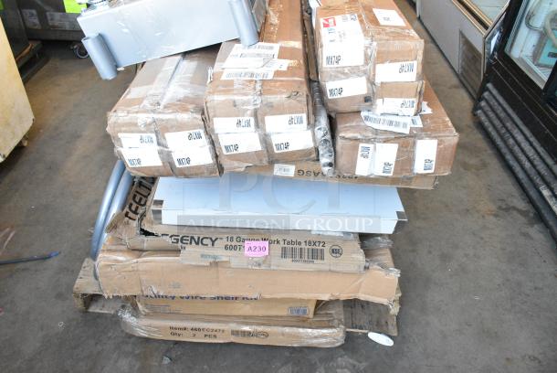 22 BRAND NEW SCRATCH AND DENT! Items Including 15 MX74P Metro MX74P MetroMax iQ 74" Stationary Polymer Post, 423ST5ASG ServIt 423ST5ASG Angled Sneeze Guard for 5-Pan Steam Tables, 522ETSG30602 Steelton 30" x 60" 18 Gauge 430 Stainless Steel Work Table with Undershelf and 2" Rear Upturn, 460EC2472 Regency 24" x 72" NSF Chrome Wire Shelf, 465C1872KE5 SHELF KIT 18X72 CHROME W/ 72 EC POST 5 SHELF UTILITY, 257UB1660 Lavex 16" x 60" Heavy-Duty Steel U-Boat Utility Cart - 2000 lb. Capacity, 600T1872G Regency 18" x 72" 18-Gauge 304 Stainless Steel Commercial Work Table with Galvanized Legs and Undershelf, 109RACKECON Steelton 20 Pan End Load Bun / Sheet Pan Rack - Unassembled. May Be Missing Pieces. 22 Times Your Bid! - Image 2 of 14