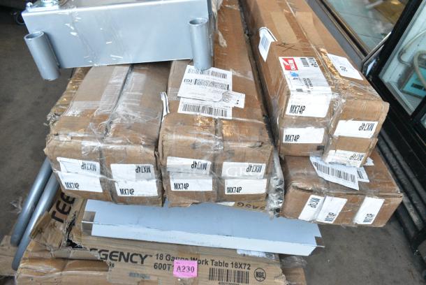 22 BRAND NEW SCRATCH AND DENT! Items Including 15 MX74P Metro MX74P MetroMax iQ 74" Stationary Polymer Post, 423ST5ASG ServIt 423ST5ASG Angled Sneeze Guard for 5-Pan Steam Tables, 522ETSG30602 Steelton 30" x 60" 18 Gauge 430 Stainless Steel Work Table with Undershelf and 2" Rear Upturn, 460EC2472 Regency 24" x 72" NSF Chrome Wire Shelf, 465C1872KE5 SHELF KIT 18X72 CHROME W/ 72 EC POST 5 SHELF UTILITY, 257UB1660 Lavex 16" x 60" Heavy-Duty Steel U-Boat Utility Cart - 2000 lb. Capacity, 600T1872G Regency 18" x 72" 18-Gauge 304 Stainless Steel Commercial Work Table with Galvanized Legs and Undershelf, 109RACKECON Steelton 20 Pan End Load Bun / Sheet Pan Rack - Unassembled. May Be Missing Pieces. 22 Times Your Bid! - Image 5 of 14