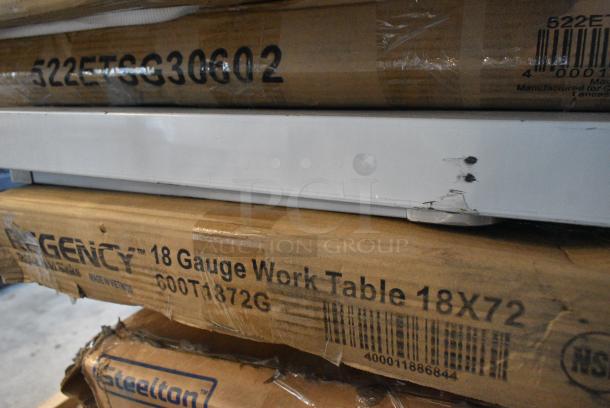 22 BRAND NEW SCRATCH AND DENT! Items Including 15 MX74P Metro MX74P MetroMax iQ 74" Stationary Polymer Post, 423ST5ASG ServIt 423ST5ASG Angled Sneeze Guard for 5-Pan Steam Tables, 522ETSG30602 Steelton 30" x 60" 18 Gauge 430 Stainless Steel Work Table with Undershelf and 2" Rear Upturn, 460EC2472 Regency 24" x 72" NSF Chrome Wire Shelf, 465C1872KE5 SHELF KIT 18X72 CHROME W/ 72 EC POST 5 SHELF UTILITY, 257UB1660 Lavex 16" x 60" Heavy-Duty Steel U-Boat Utility Cart - 2000 lb. Capacity, 600T1872G Regency 18" x 72" 18-Gauge 304 Stainless Steel Commercial Work Table with Galvanized Legs and Undershelf, 109RACKECON Steelton 20 Pan End Load Bun / Sheet Pan Rack - Unassembled. May Be Missing Pieces. 22 Times Your Bid! - Image 12 of 14