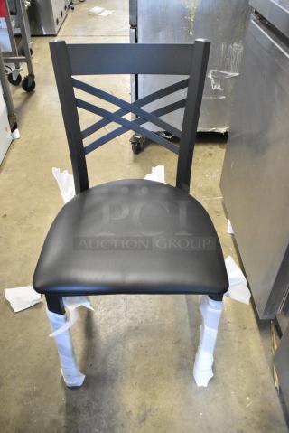 24 BRAND NEW SCRATCH AND DENT! Lancaster Table & Seating 164CCROSSFR Black Cross Back Chair Frame and 7 Boxes of 4 Lancaster Table & Seating 164CUSHMTLBK 2 1/2" Black Vinyl Padded Seat for Metal Frame Seating. 24 Times Your Bid!