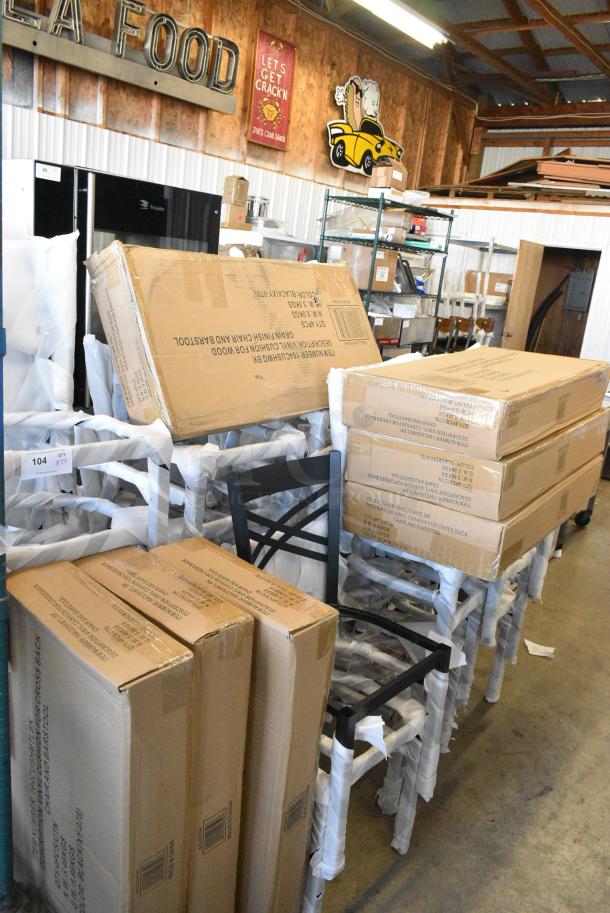 24 BRAND NEW SCRATCH AND DENT! Lancaster Table & Seating 164CCROSSFR Black Cross Back Chair Frame and 7 Boxes of 4 Lancaster Table & Seating 164CUSHMTLBK 2 1/2" Black Vinyl Padded Seat for Metal Frame Seating. 24 Times Your Bid! - Image 2 of 5