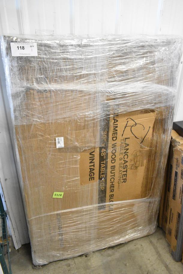 BRAND NEW SCRATCH AND DENT! Lancaster Table & Seating 3493048BBVIN  30" x 48" Rectangular Wood Butcher Block Table Top with Vintage Finish - Image 1 of 2