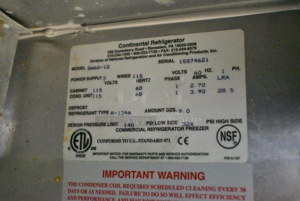 Continental SW60-12 Stainless Steel Commercial Sandwich Salad Prep Table Bain Marie Mega Top on Commercial Casters. 115 Volts, 1 Phase. Tested and Working! - Image 7 of 7