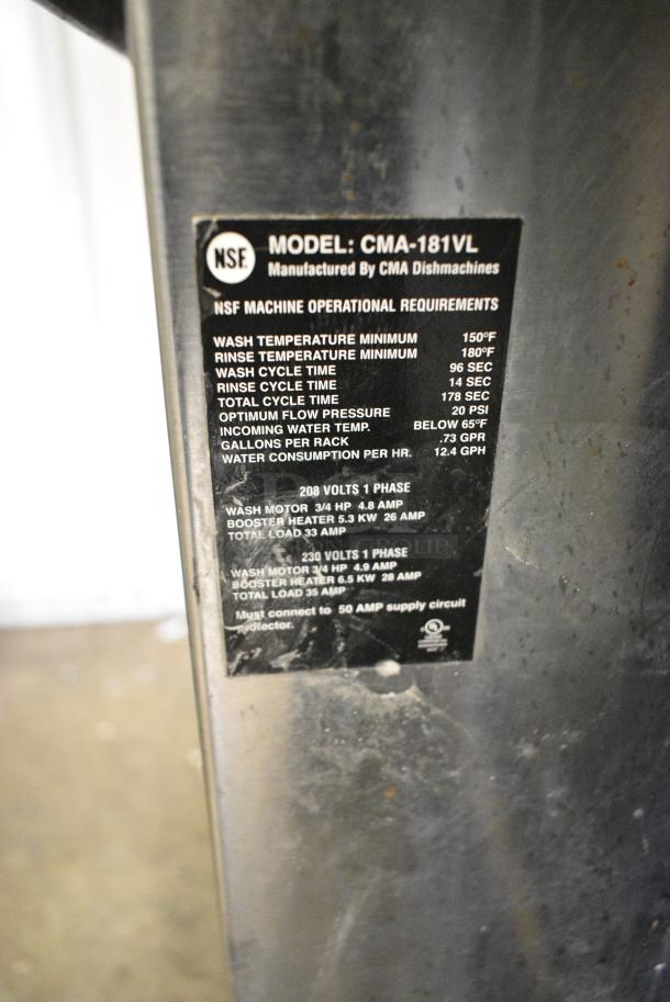 CMA 181-VL Stainless Steel Commercial Undercounter Dishwasher. 208 Volts, 1 Phase. - Image 7 of 7