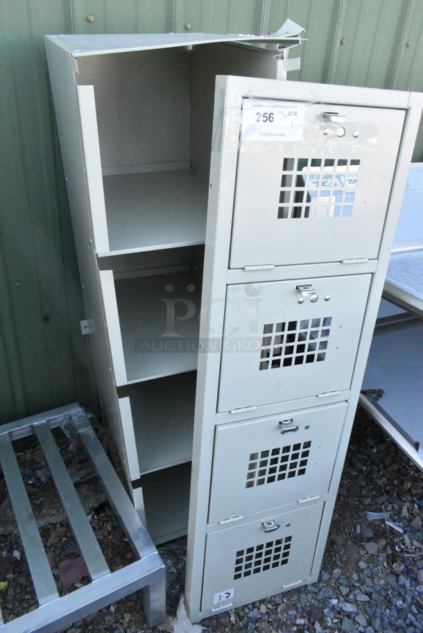 BRAND NEW SCRATCH AND DENT! Tan Metal 4 Cubby Locker. Front Panel Needs To Be Reattached. - Image 1 of 3