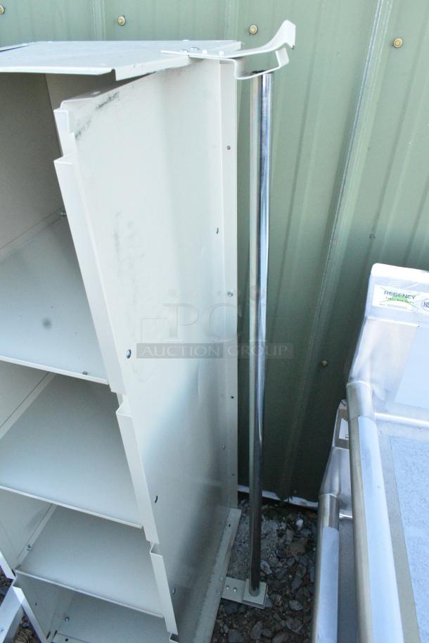 BRAND NEW SCRATCH AND DENT! Tan Metal 4 Cubby Locker. Front Panel Needs To Be Reattached. - Image 3 of 3