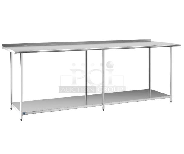 BRAND NEW SCRATCH AND DENT! Regency 600TSB30108S 30" x 108" 16-Gauge Stainless Steel Commercial Work Table with 4" Backsplash and Undershelf. May Be Missing Pieces. - Image 1 of 4
