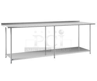 BRAND NEW SCRATCH AND DENT! Regency 600TSB30108S 30" x 108" 16-Gauge Stainless Steel Commercial Work Table with 4" Backsplash and Undershelf. May Be Missing Pieces.