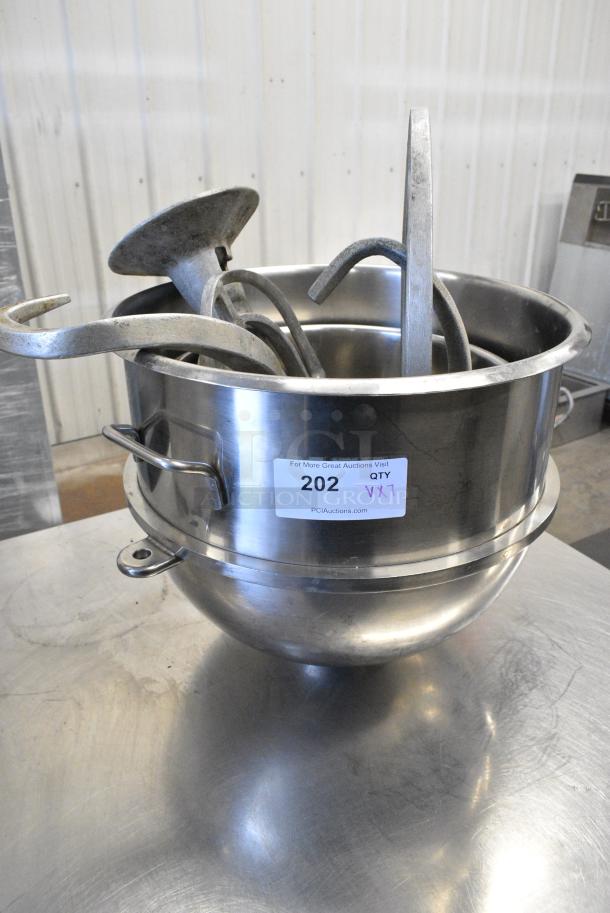 7 Various Items Including 2 Stainless Steel Mixing Bowls, 3 Dough Hook Attachment, 2 Paddle Attachments. 7 Times Your Bid! - Image 1 of 8