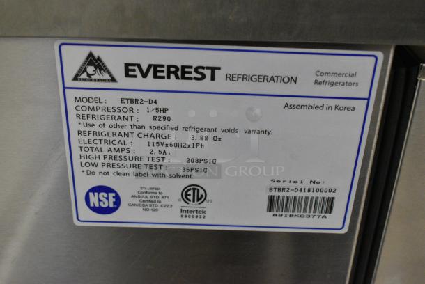 Everest ETBR2-D4 Stainless Steel Commercial 4 Drawer Undercounter Cooler on Commercial Casters. 115 Volts, 1 Phase. Tested and Working! - Image 8 of 8