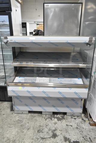 BRAND NEW! 2016 BKI HSS4-2TSQ Stainless Steel Commercial Floor Style 2 Tier Warming Display Case Merchandiser. 230 Volts, 1 Phase.