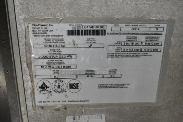 2017 Pitco Frialator SG14 Stainless Steel Commercial Floor Style Propane Gas Powered Deep Fat Fryer on Commercial Casters. 110,000 BTU. - Image 6 of 6