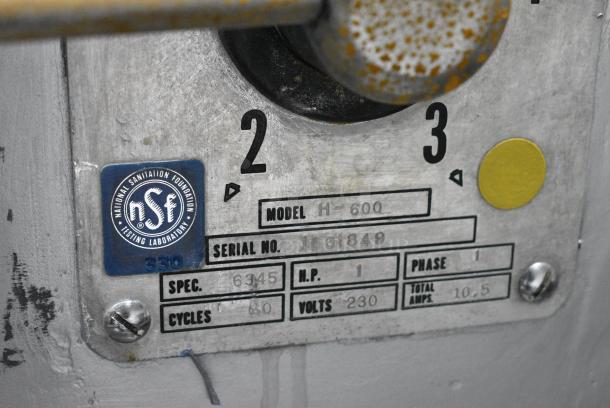 Hobart H-600 Metal Commercial Floor Style 60 Quart Planetary Dough Mixer w/ Stainless Steel Mixing Bowl and Dough Hook Attachment. 230 Volts, 1 Phase. - Image 6 of 6