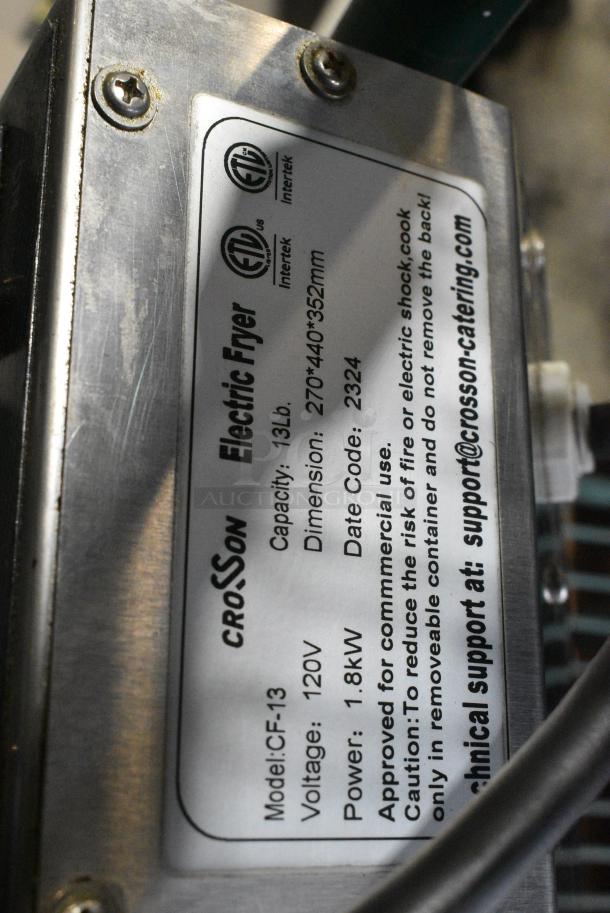 BRAND NEW SCRATCH AND DENT! 2023 Crosson CF-13 Stainless Steel Countertop Electric Powered Fryer w/ Metal Fry Basket and Lid. 120 Volts, 1 Phase. - Image 7 of 7