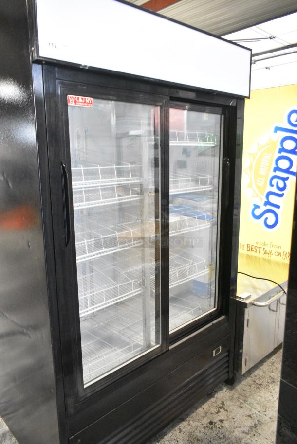 JDM-40SD Metal Commercial 2 Door Reach In Cooler Merchandiser w/ Poly Coated Racks on Commercial Casters. 115 Volts, 1 Phase. Tested and Working! - Image 1 of 7