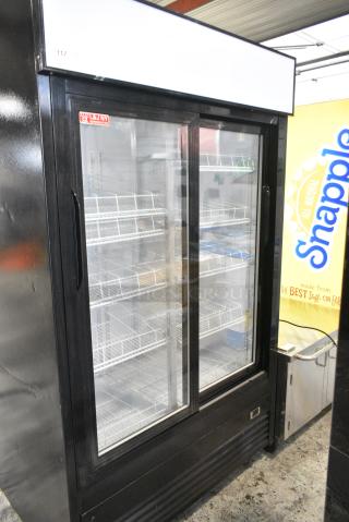 JDM-40SD Metal Commercial 2 Door Reach In Cooler Merchandiser w/ Poly Coated Racks on Commercial Casters. 115 Volts, 1 Phase. Tested and Working!